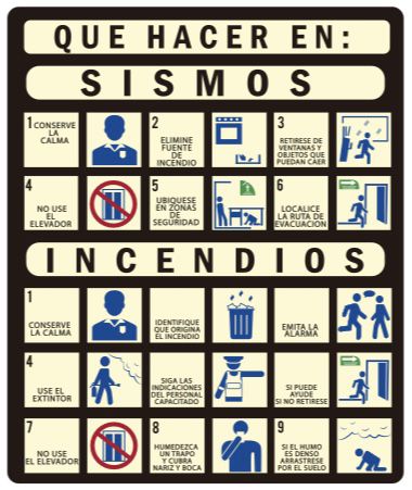 Conjunto de señalética de protección civil instalada en pasillo